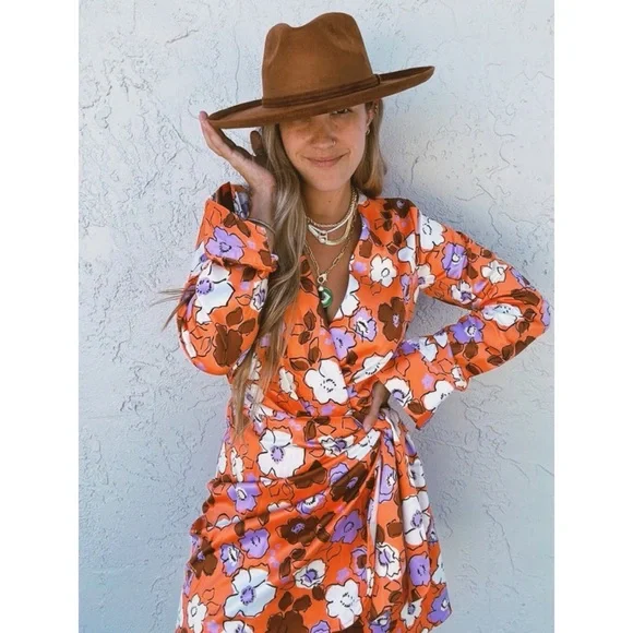 Zara Long Sleeve Floral Satin Mini Wrap Dress - Picture 4 of 12